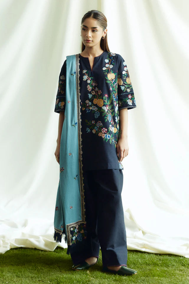 COCO BY ZARASHAHJAHAN- 3PC EMBROIDERED KHADDAR DRESS WITH EMBROIDERED MARINA SHAWL- FW-153