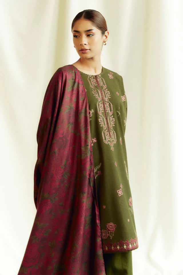 COCO BY ZARASHAHJAHAN- 3PC EMBROIDERED KHADDAR DRESS WITH PRINTED BLENDED WOOL SHAWL- FW-155