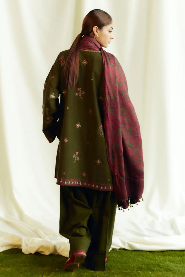 COCO BY ZARASHAHJAHAN- 3PC EMBROIDERED KHADDAR DRESS WITH PRINTED BLENDED WOOL SHAWL- FW-155