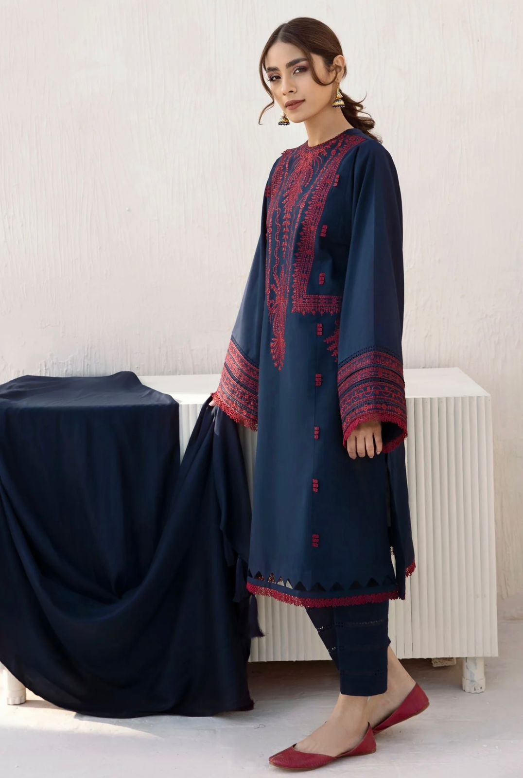 JAZMINE -3PC EMBROIDERED DHANAK DRESS WITH DHANAK WOOL SHAWL- FW-48