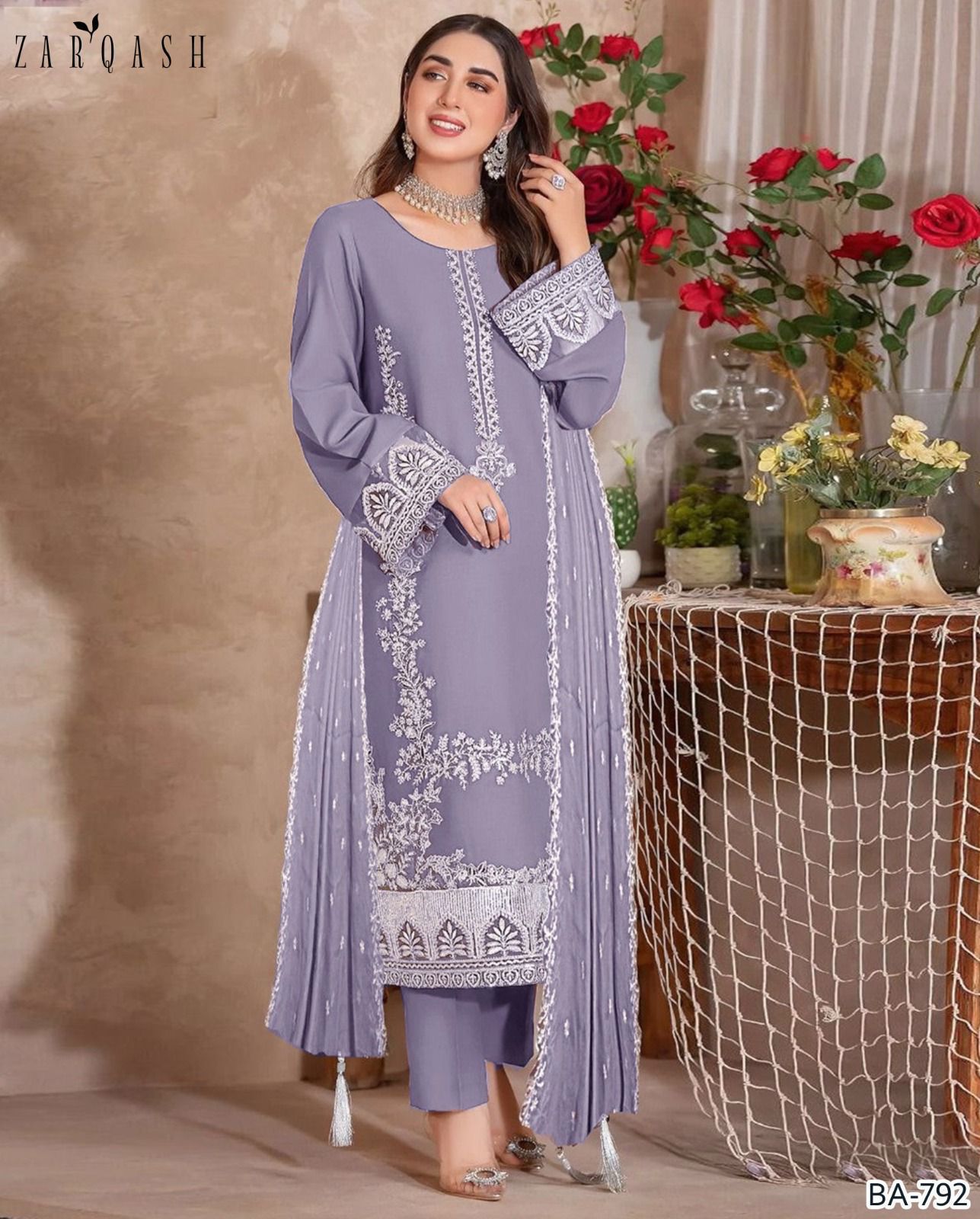ZARQASH- 3PC DHANAK EMBROIDERED SHIRT WITH CHIFFON EMBROIDERED DUPPATA AND- FW-14