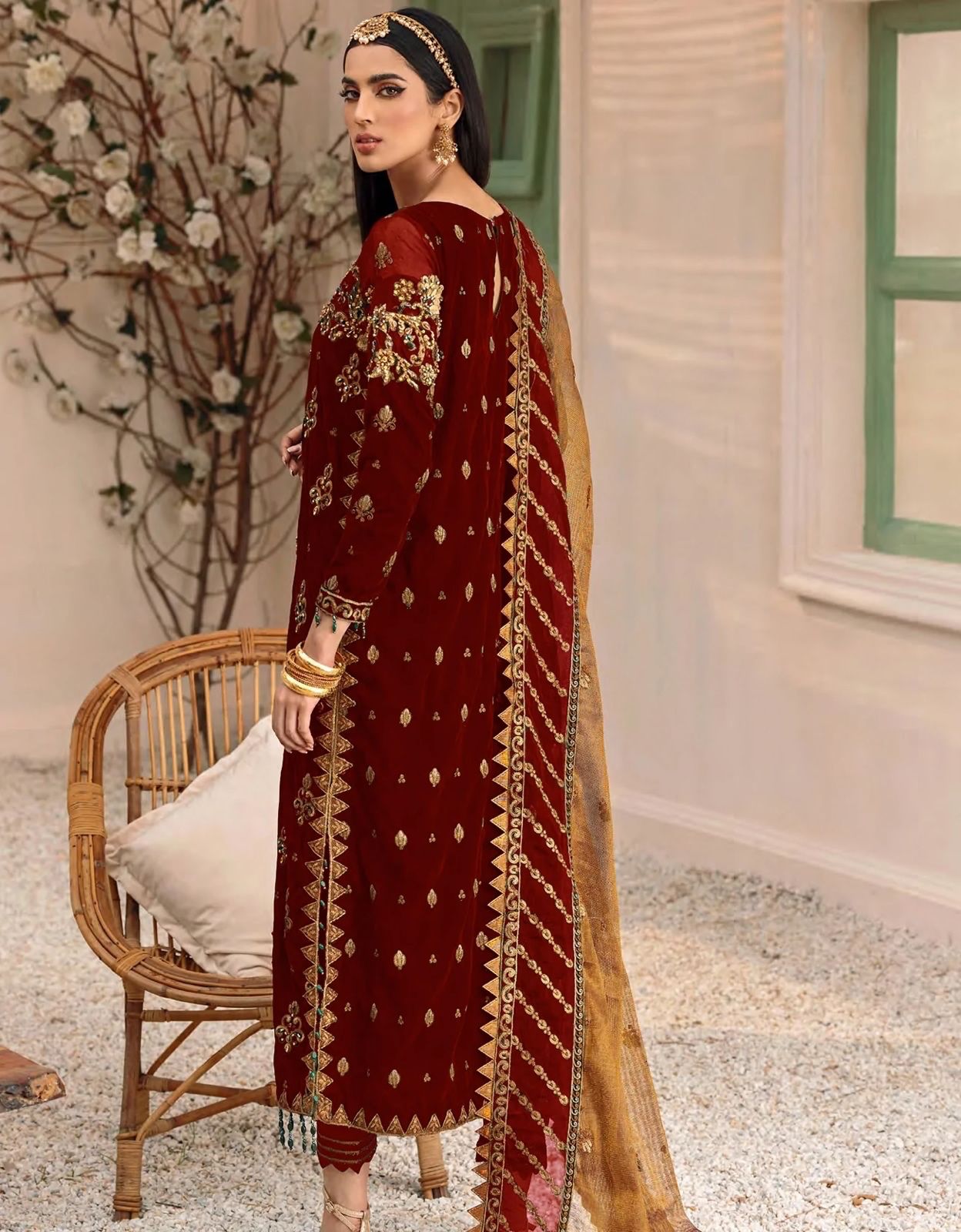 SANA ABBAS -3PC EMBROIDED VELVET DRESS WITH 4 SIDE EMBROIDED NET DUPATTA- FPW-17