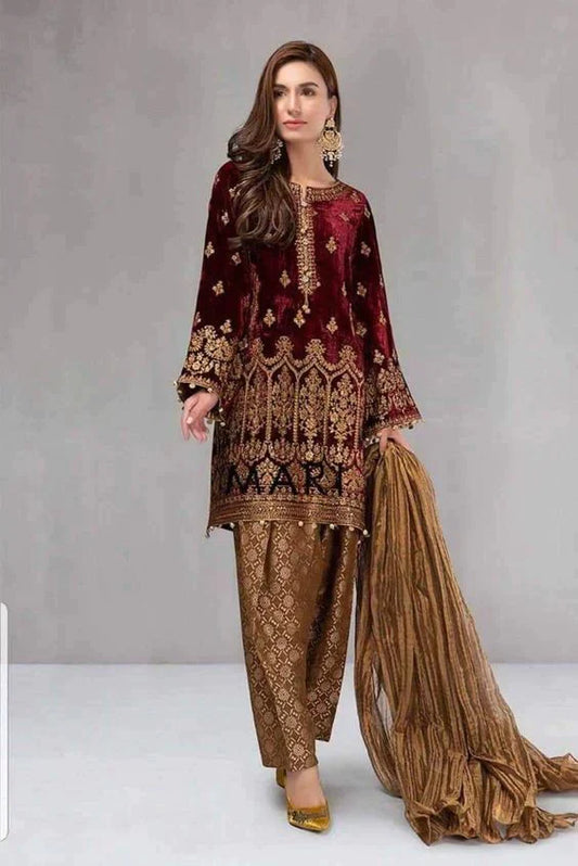 MARIA.B -3PC EMBROIDERED FANCY VELVET DRESS WITH BROSHIA NET DUPATTA- FPW-49