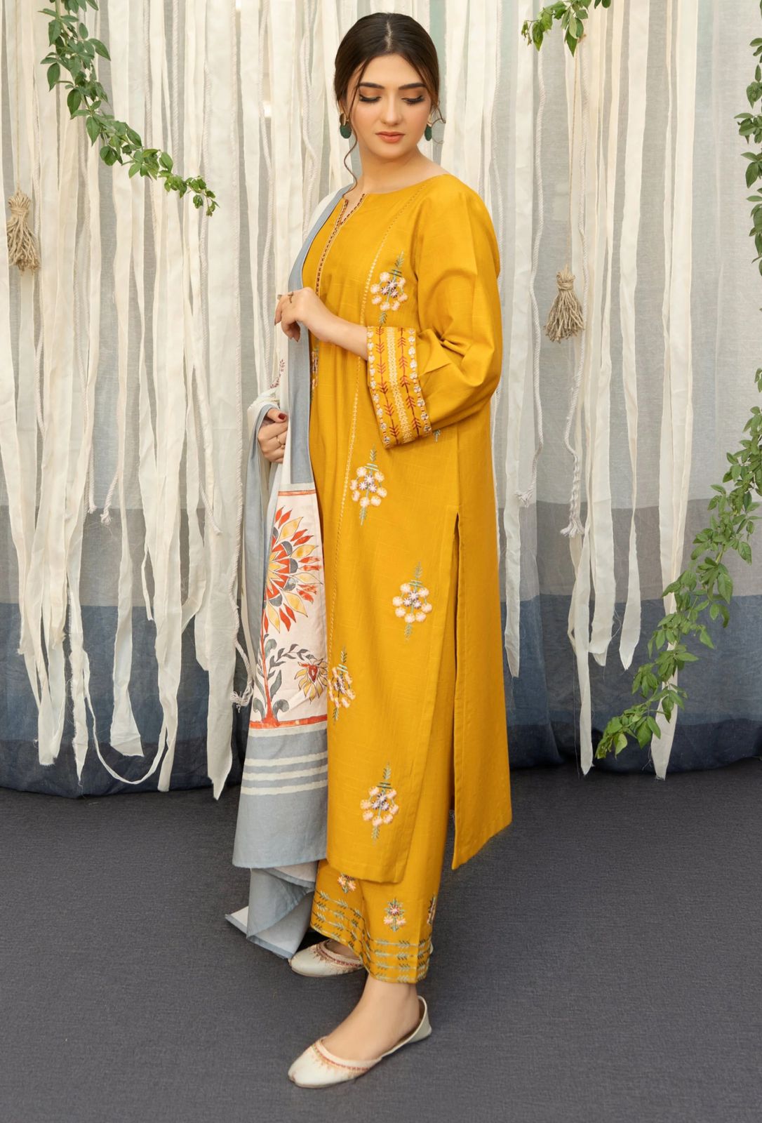 URGE -3PC EMBROIDERED DHANAK DRESS WITH DHANAK WOOL SHAWL- FW-105