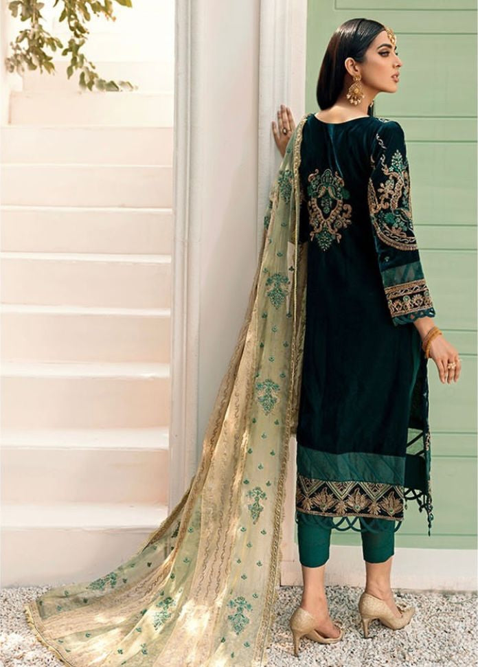 EMAAN ADEEL -3PC HEAVY EMBROIDERED FANCY VELVET DRESS WITH 4 SIDE EMBROIDERED HEAVY NET DUPATTA- FPW-60