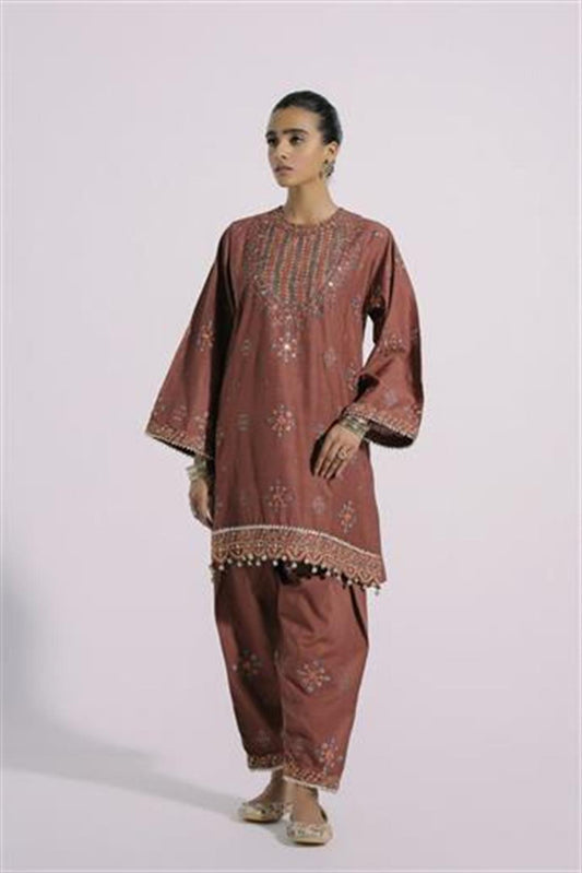 FAIRY CLOTHES -2PC EMBROIDERED LINEN DRESS WITH LINEN TROUSER- WT-02