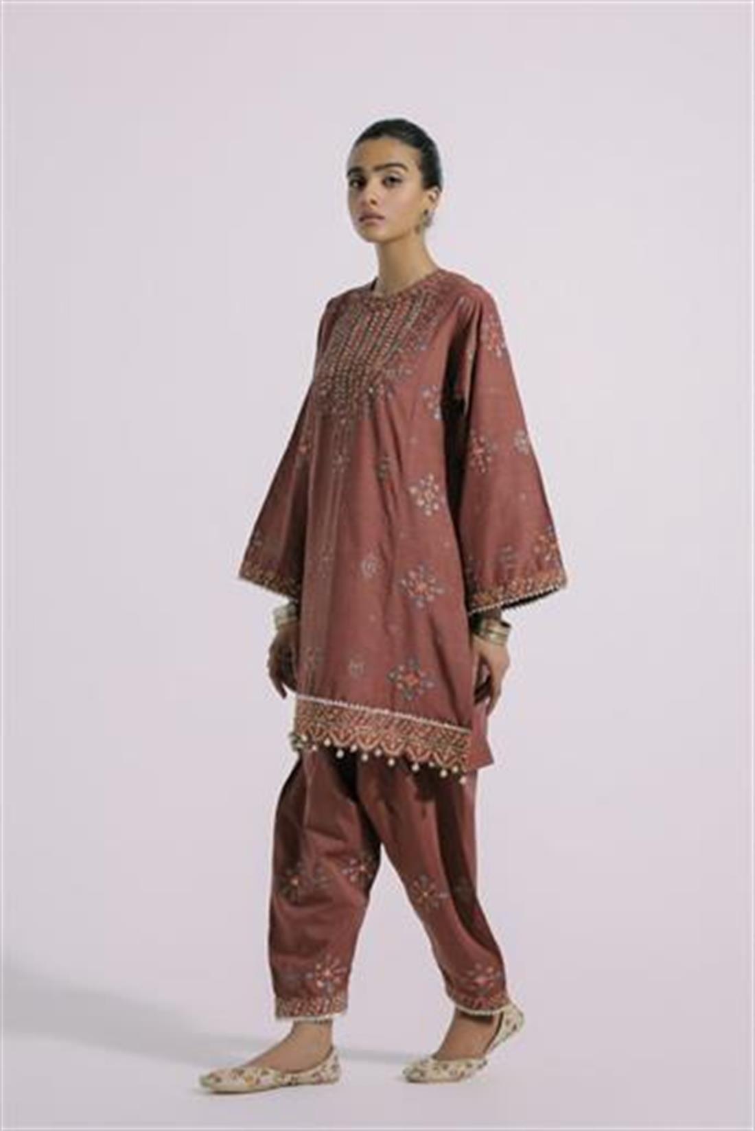 FAIRY CLOTHES -2PC EMBROIDERED LINEN DRESS WITH LINEN TROUSER- WT-02