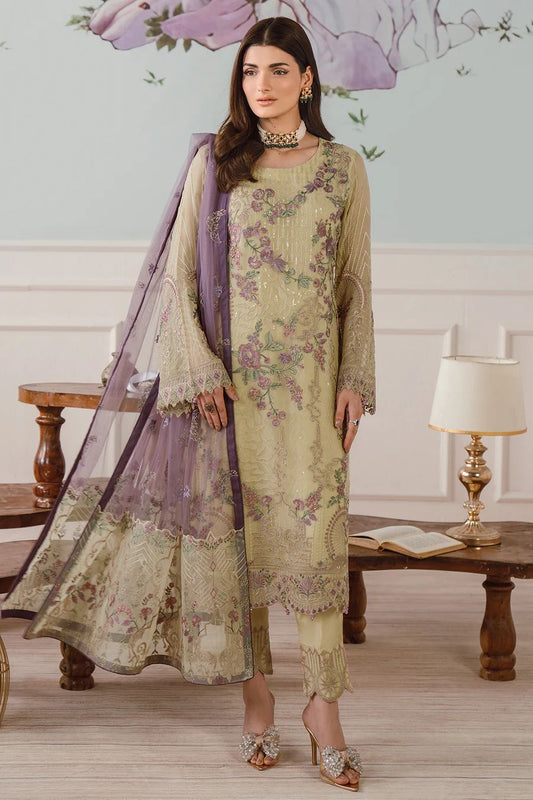 RAMSHA -3PC FULL HEAVY EMBROIDERED FANCY CHIFFON DRESS WITH HEAVY EMBROIDERED NET  DUPATTA- FPW-116