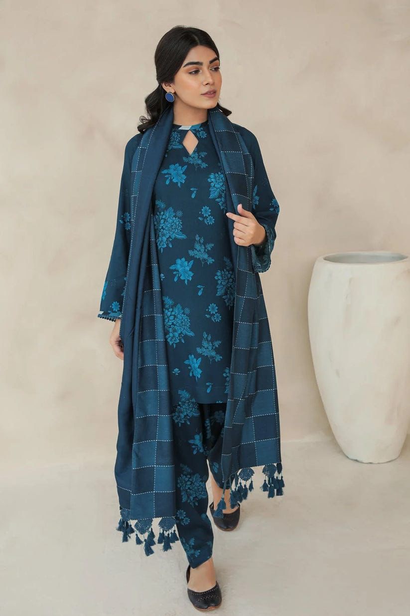 CROSS STITCH -3PC PRINTED KARANDI DRESS WITH KARANDI WOOL SHAWL- FC-04