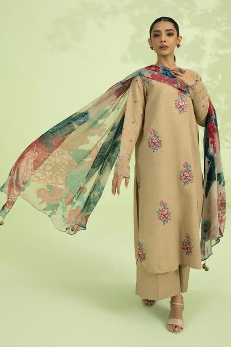 SAPPHIRE -3PC EMBROIDDERED DHANAK DRESS WITH PRINTED WOOL SHAWL- FW-29