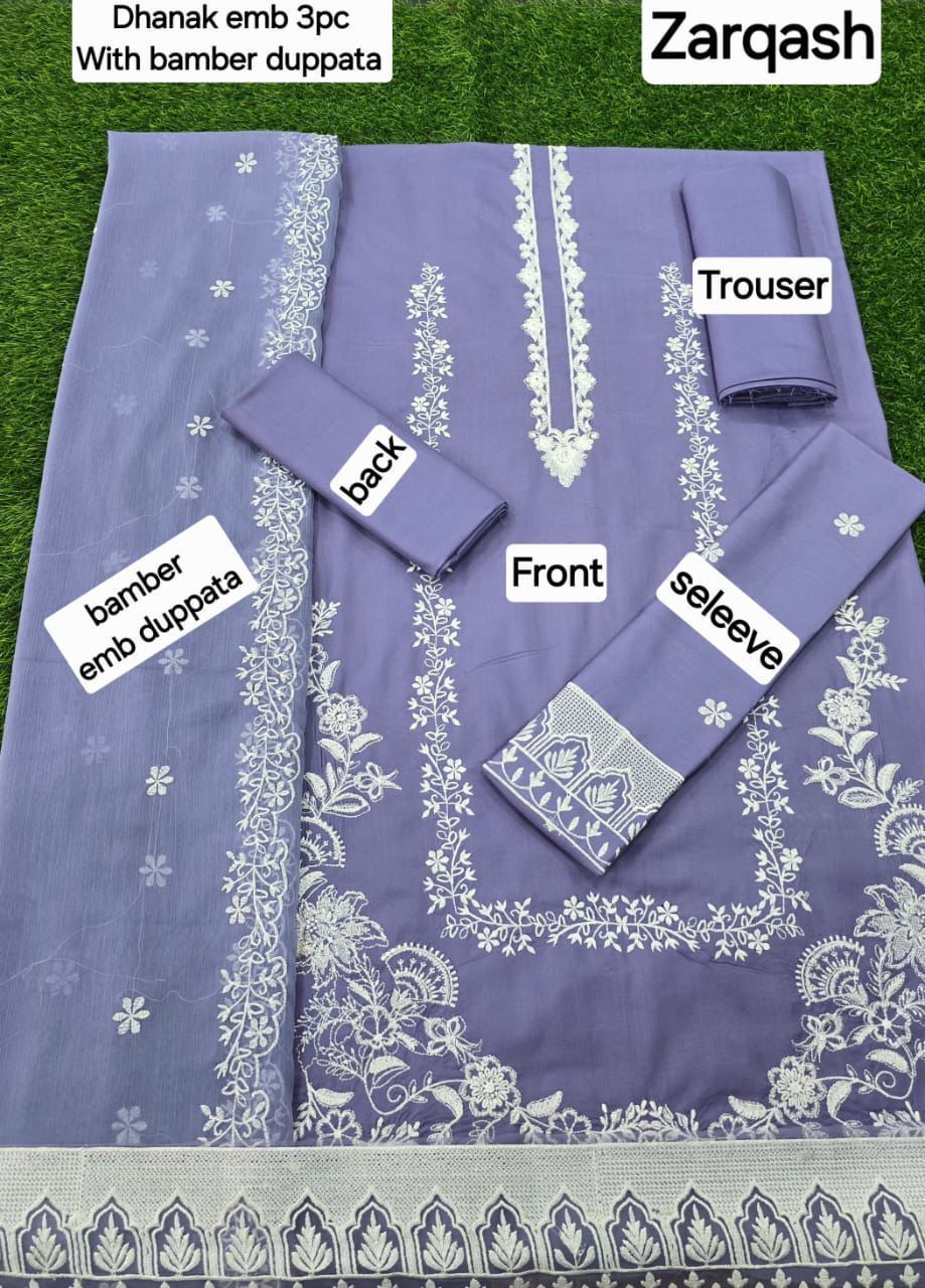 ZARQASH- 3PC DHANAK EMBROIDERED SHIRT WITH CHIFFON EMBROIDERED DUPPATA AND- FW-14