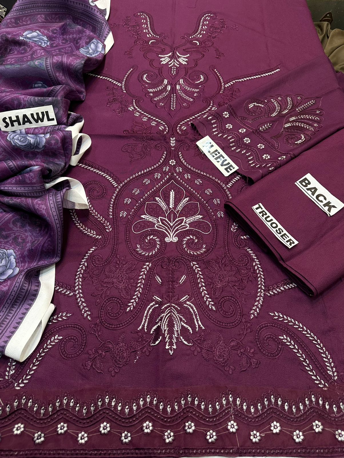 MARIA.B - 3PC EMBROIDERED DHANAK DRESS WITH DHANAK WOOL SHAWL- FW-120