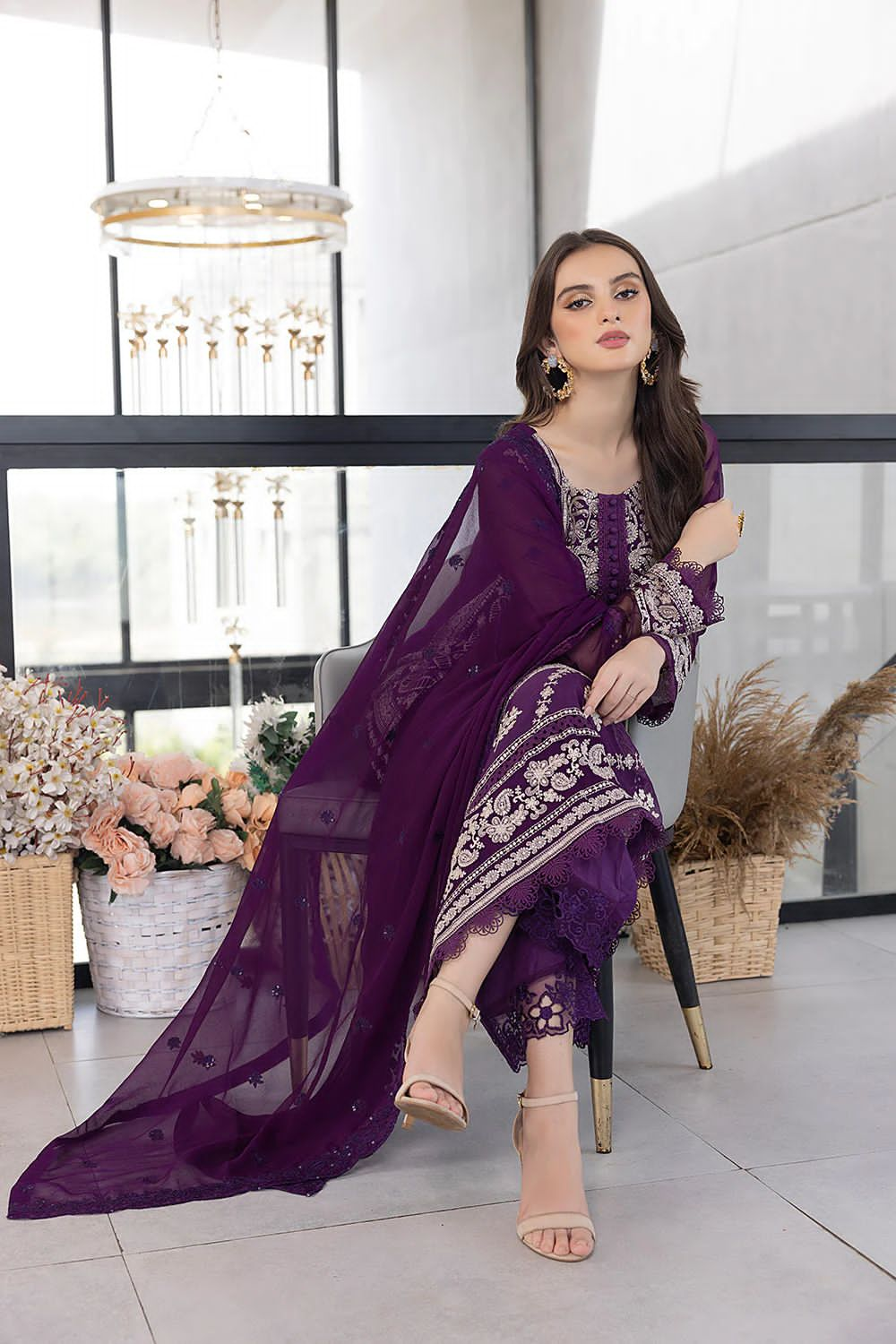 AZURE -3PC EMBROIDERED FANCY CHIFFON DRESS WITH HEAVY EMBROIDERED CHIFFON DUPATTA- FPW-45