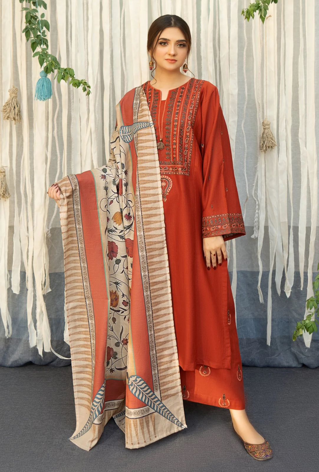 URGE -3PC EMBROIDERED DHANAK DRESS WITH DHANAK WOOL SHAWL- FW-123