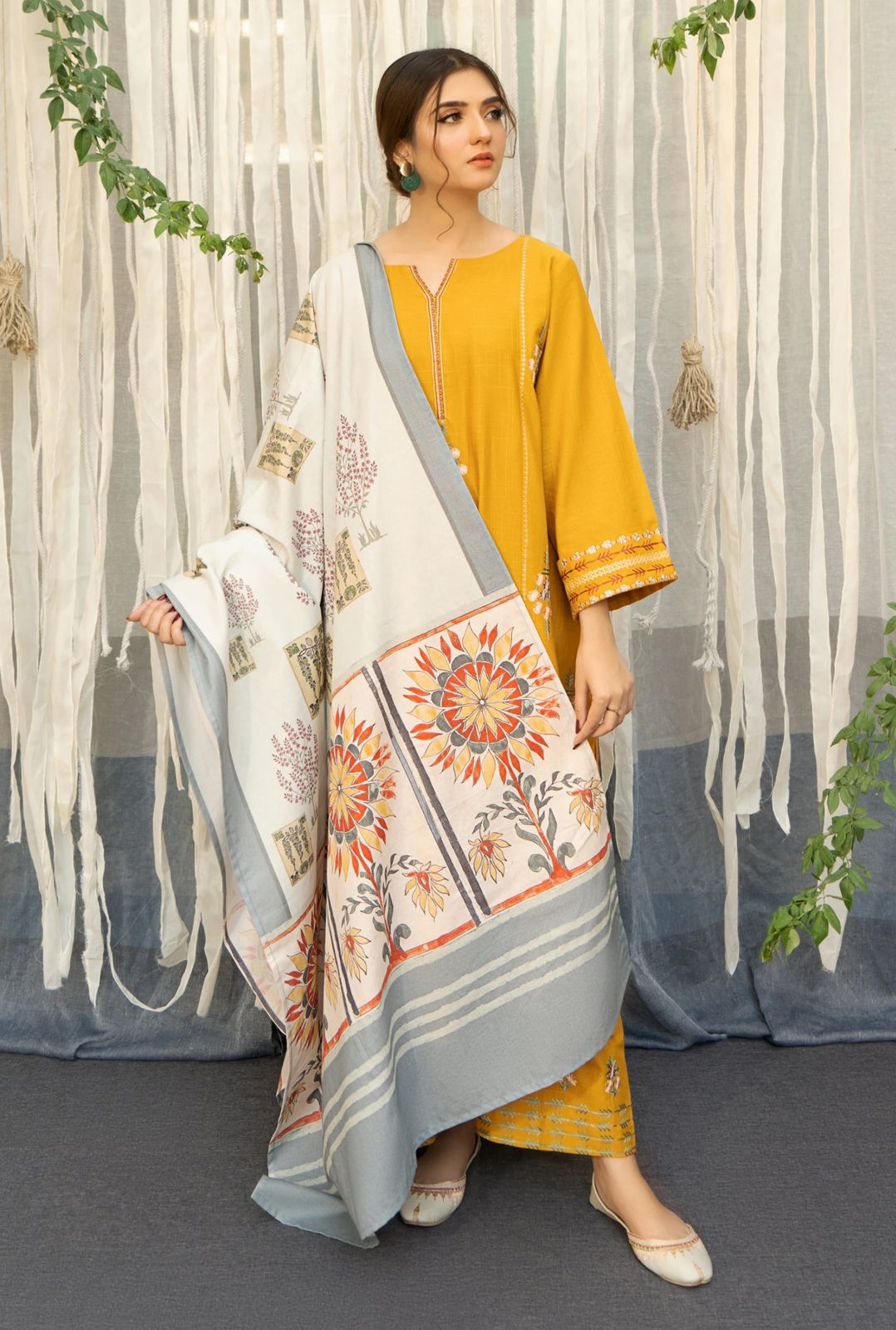 URGE -3PC EMBROIDERED DHANAK DRESS WITH DHANAK WOOL SHAWL- FW-105