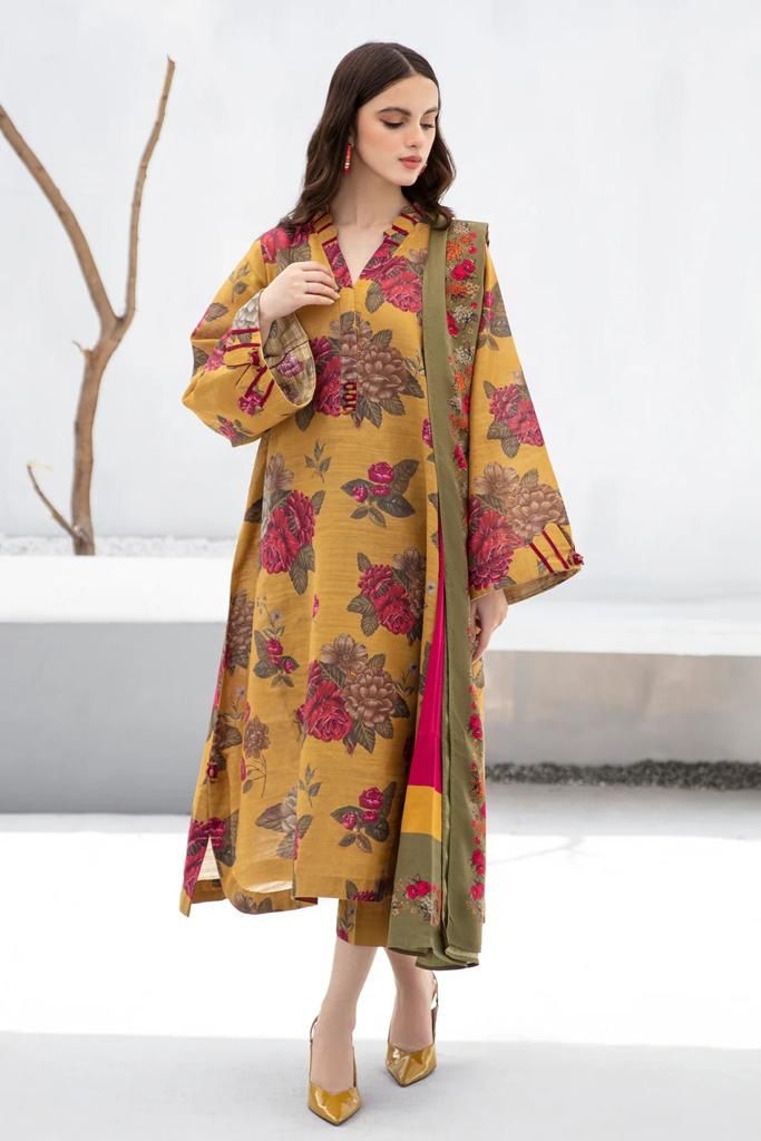 BAROQUE -3PC PRINTED KARANDI DRESS WITH KARANDI WOOL SHAWL- FW-96