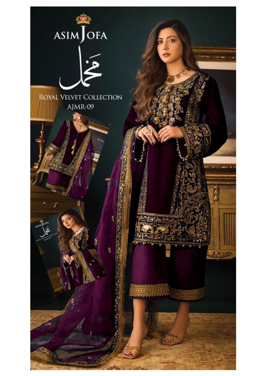 ASIM JOFA -FANCY EMBROIDED VELVET DRESS WITH 4 SIDE HEAVY EMBROIDED NET DUPATTA- FPW-05