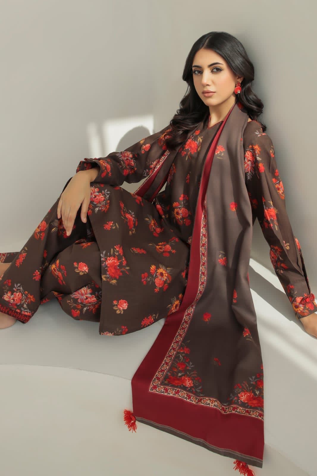 CROSS STITCH -3PC PRINTED KARANDI DRESS WITH KARANDI WOOL SHAWL- FC-06