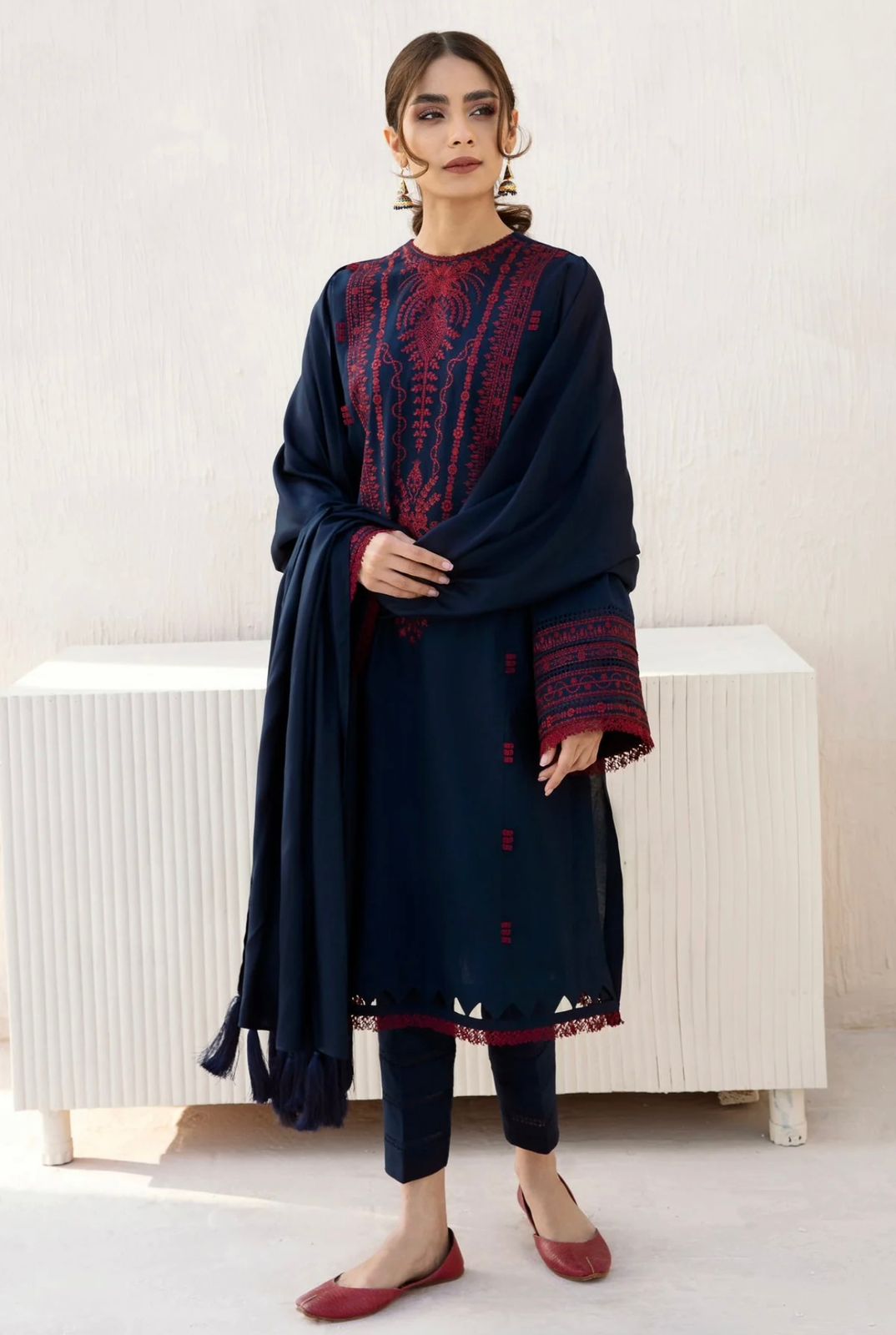 JAZMINE -3PC EMBROIDERED DHANAK DRESS WITH DHANAK WOOL SHAWL- FW-48