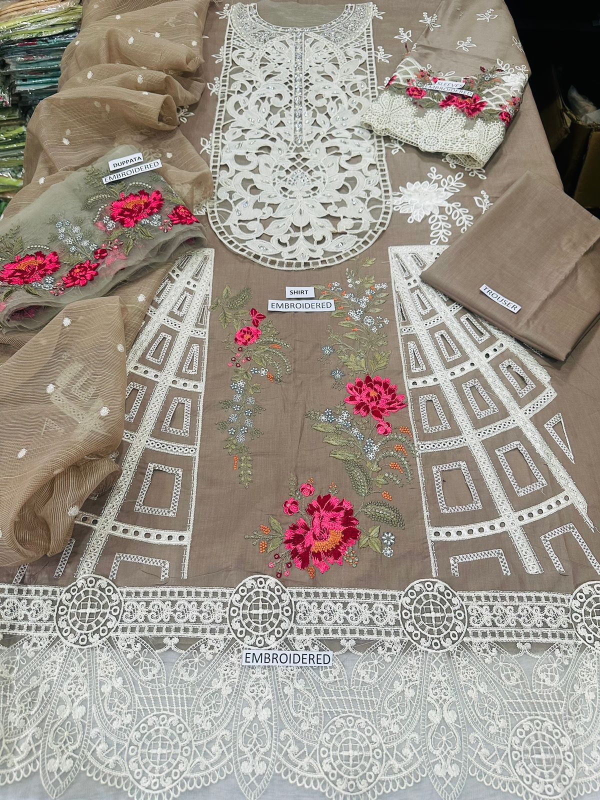 MARIA.B -EMBROIDED CUTWORK LAWN DRESS WITH FOUR SIDE EMBROIDED COTTON ORGANZA DUPATTA FN-143