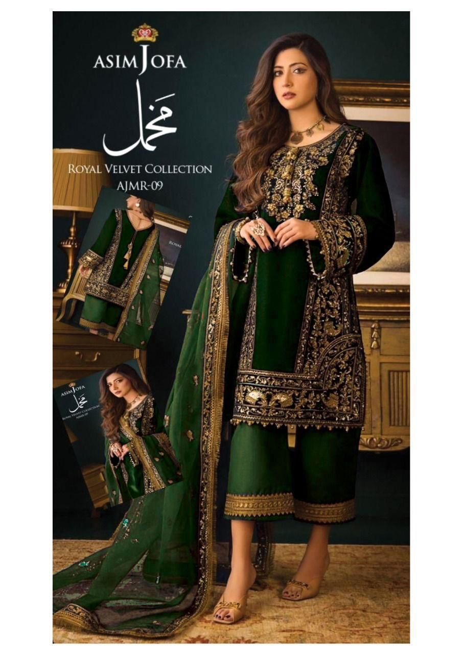 ASIM JOFA -FANCY EMBROIDED VELVET DRESS WITH 4 SIDE HEAVY EMBROIDED NET DUPATTA- FPW-05