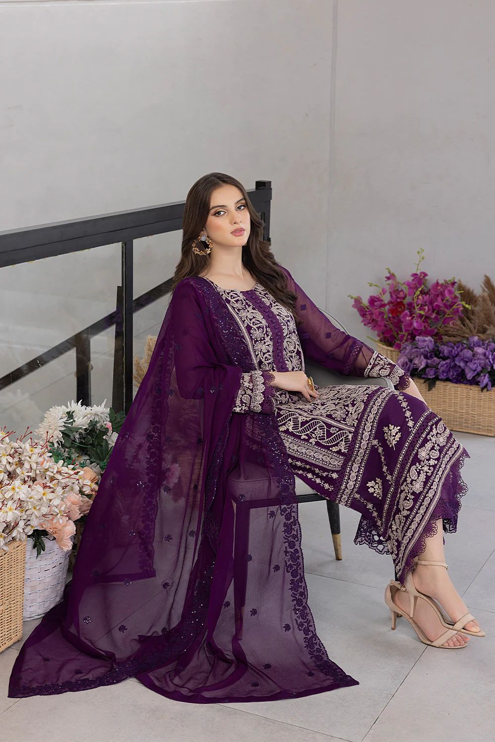 AZURE -3PC EMBROIDERED FANCY CHIFFON DRESS WITH HEAVY EMBROIDERED CHIFFON DUPATTA- FPW-45