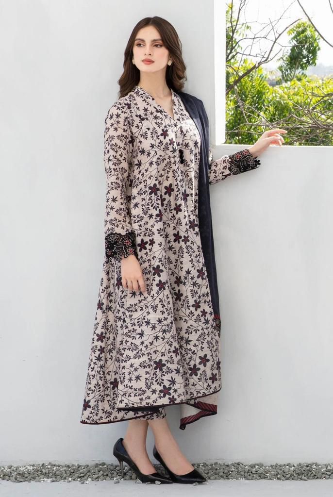 JAZMINE -3PC PRINTED KARANDI DRESS WITH KARANDI WOOL SHAWL- FW-100