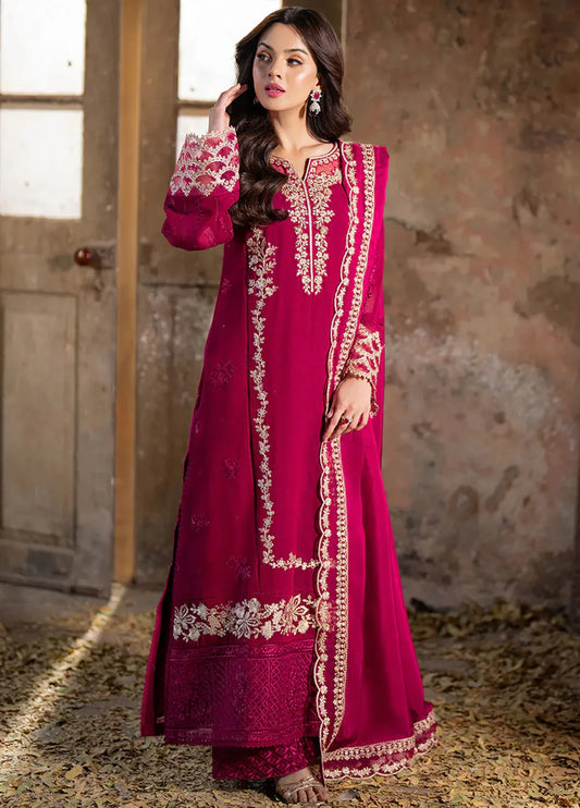 HUSSAIN REHAR-3PC DHANAK EMBROIDRED SHIRT WITH WOOL PRINT SHAWL AND TROUSER- FW-57