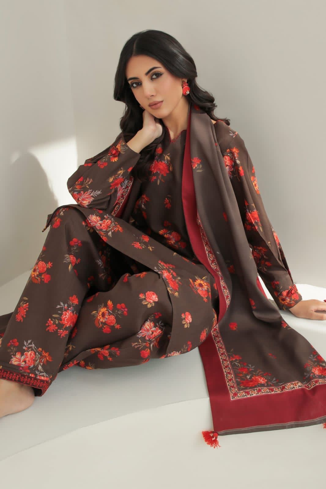 CROSS STITCH -3PC PRINTED KARANDI DRESS WITH KARANDI WOOL SHAWL- FC-06