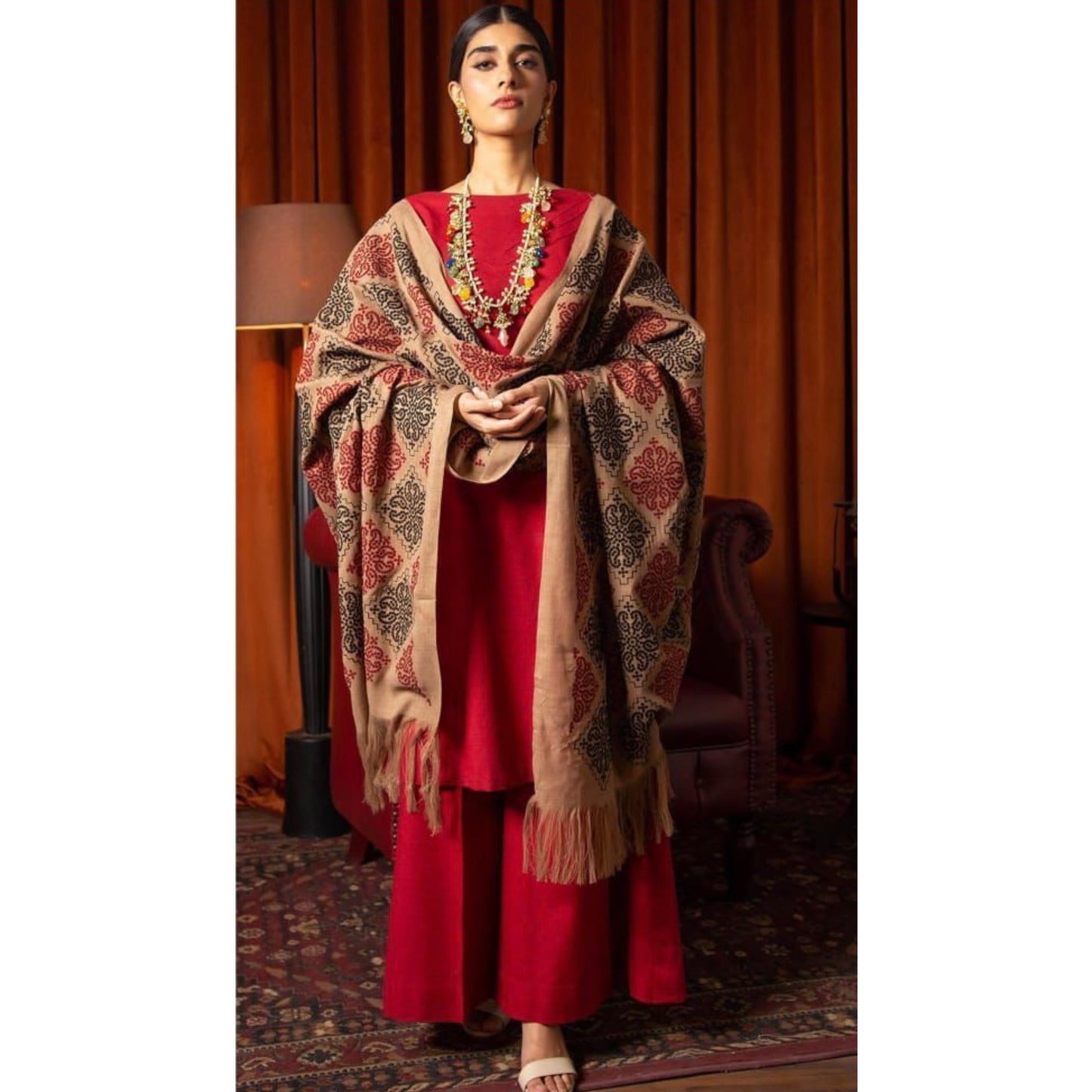 FAIRY CLOTHES  -3PC EMBROIDERED DHANAK DRESS WITH EMBROIDERED DHANAK WOOL SHAWL- FEL-04