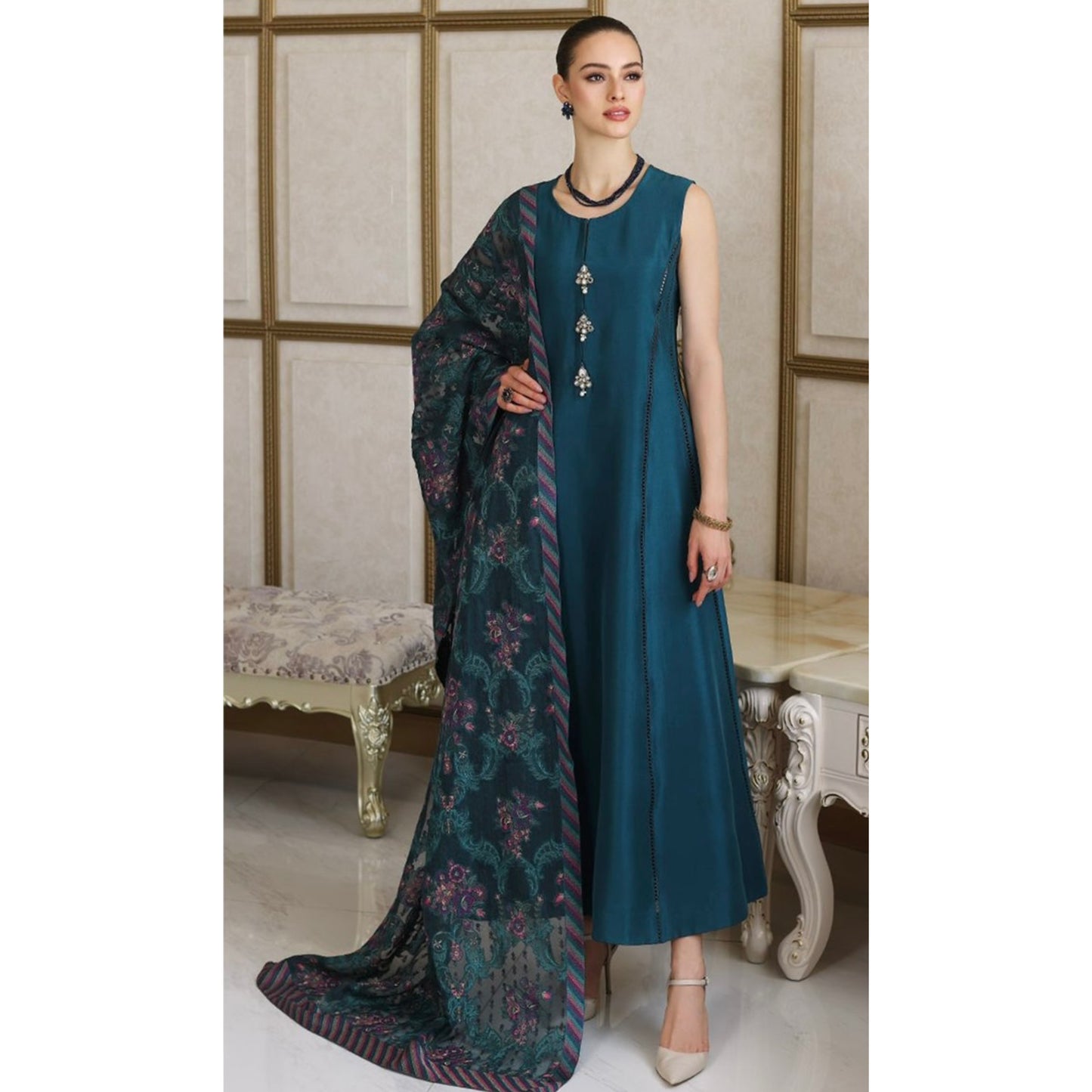 FAIRY CLOTHES  -3PC EMBROIDERED DHANAK DRESS WITH EMBROIDERED DHANAK WOOL SHAWL- FEL-05