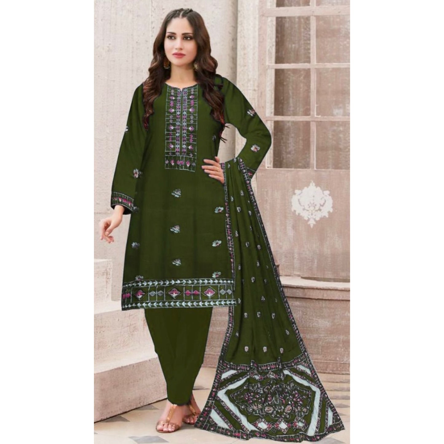 FAIRY CLOTHES  -3PC EMBROIDERED DHANAK DRESS WITH EMBROIDERED DHANAK WOOL SHAWL- FEL-08