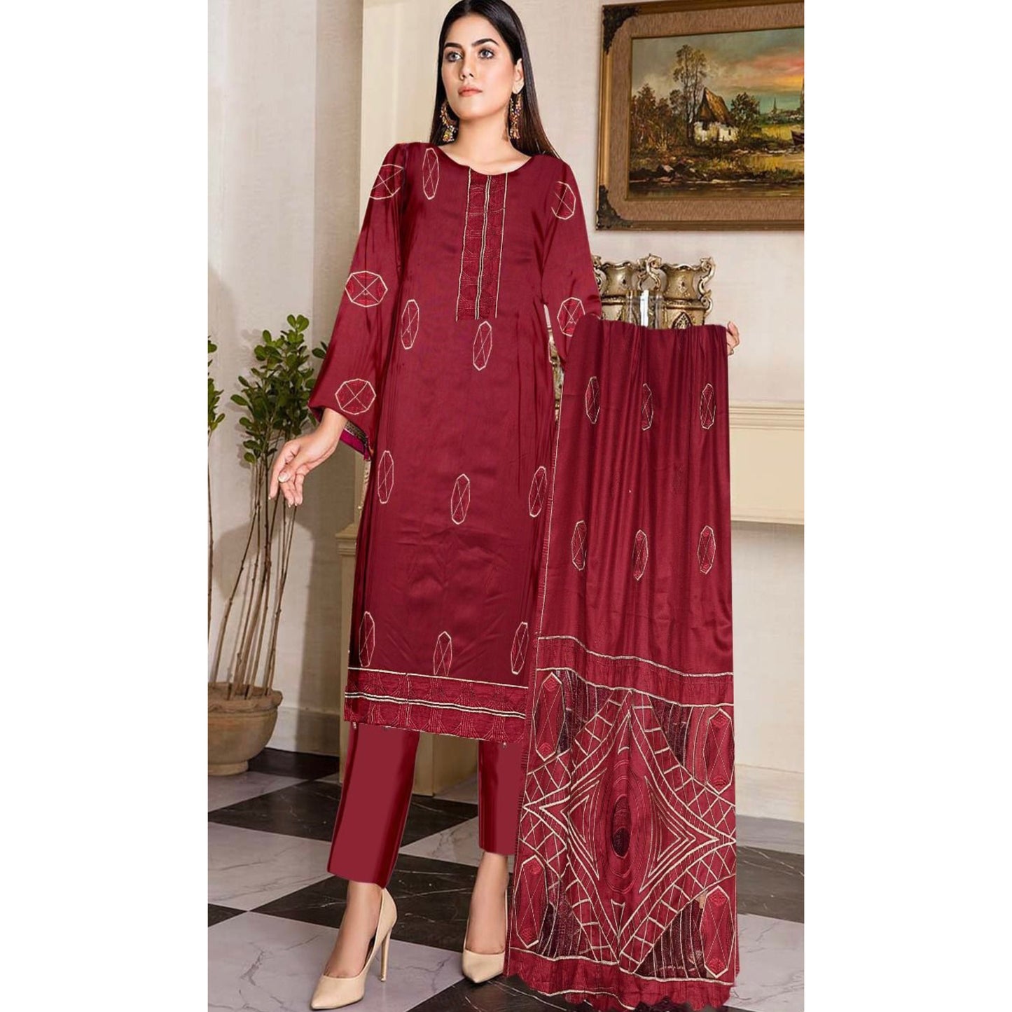 FAIRY CLOTHES  -3PC EMBROIDERED DHANAK DRESS WITH EMBROIDERED DHANAK WOOL SHAWL- FEL-09