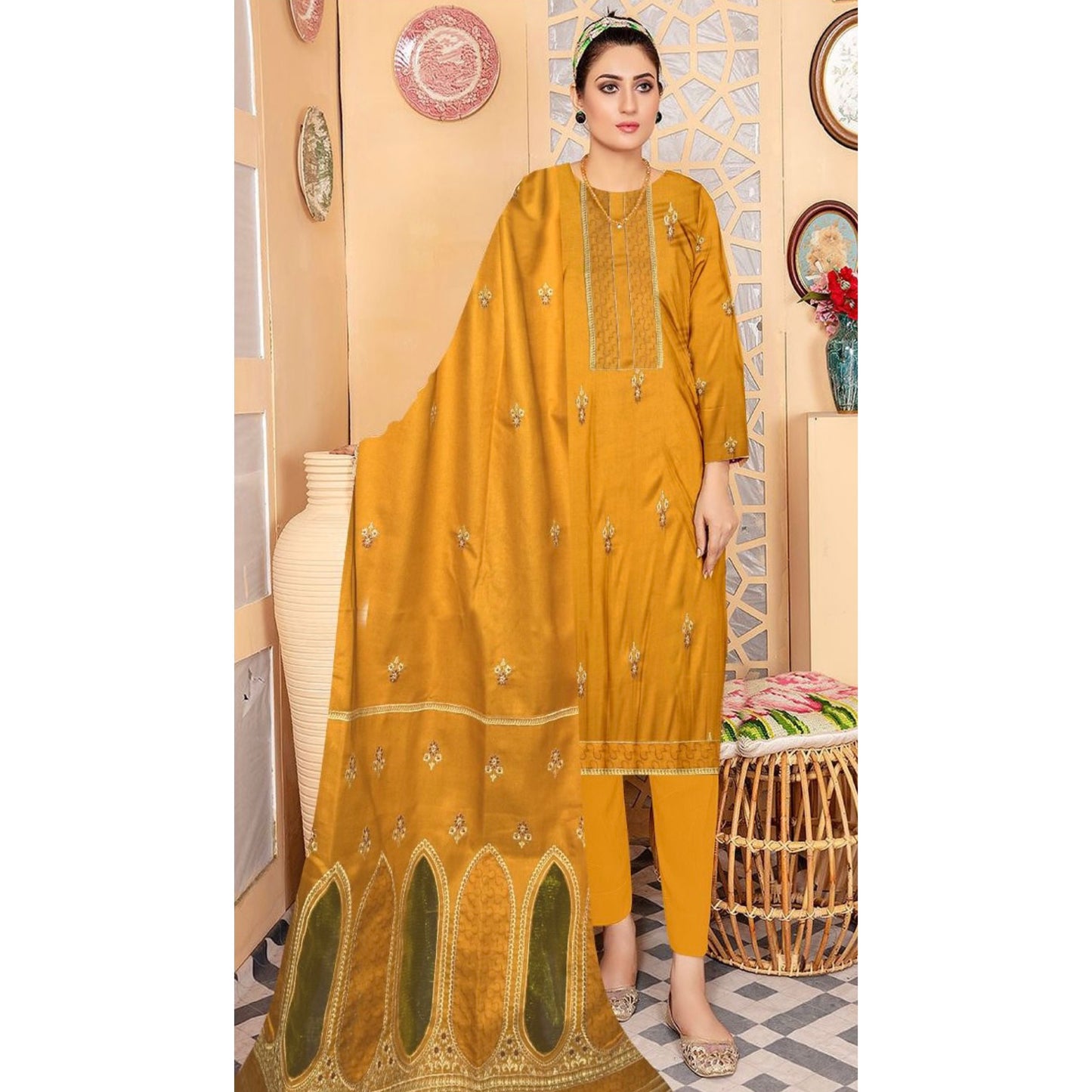 FAIRY CLOTHES  -3PC EMBROIDERED DHANAK DRESS WITH EMBROIDERED DHANAK WOOL SHAWL- FEL-12