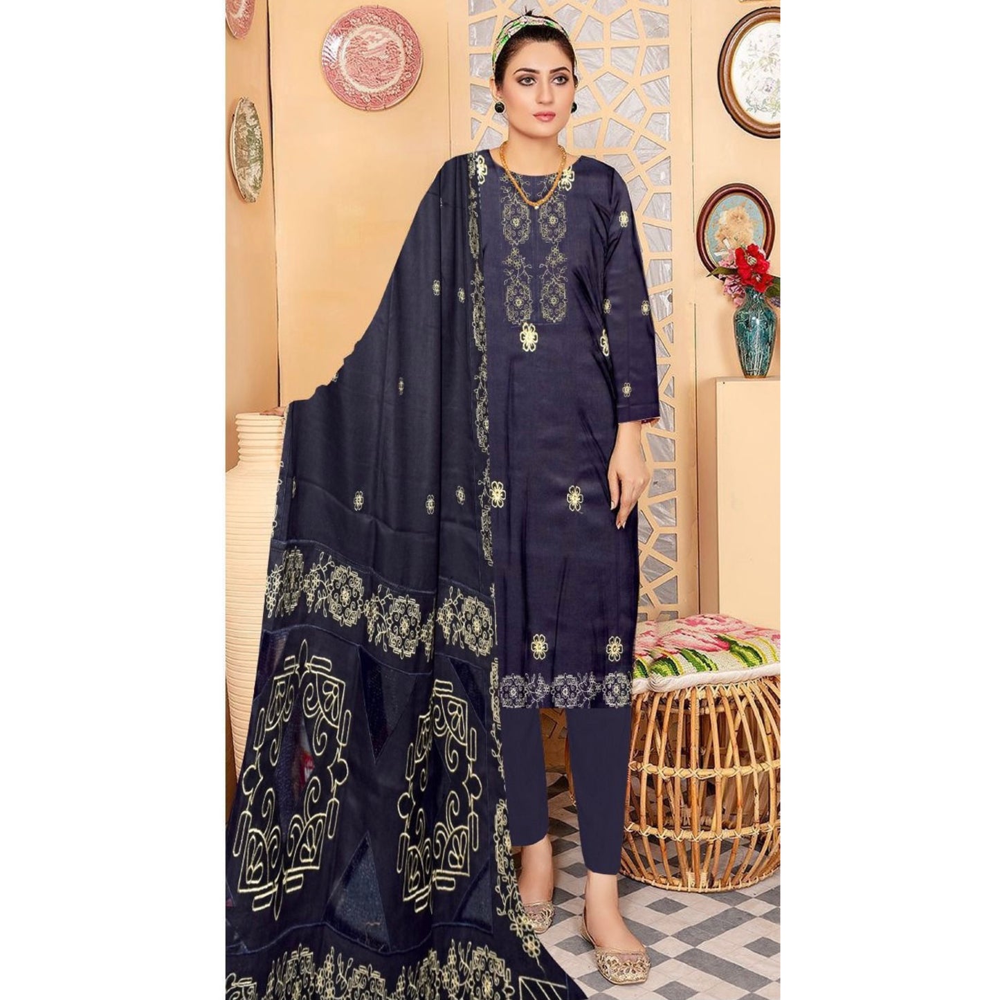 FAIRY CLOTHES  -3PC EMBROIDERED DHANAK DRESS WITH EMBROIDERED DHANAK WOOL SHAWL- FEL-15