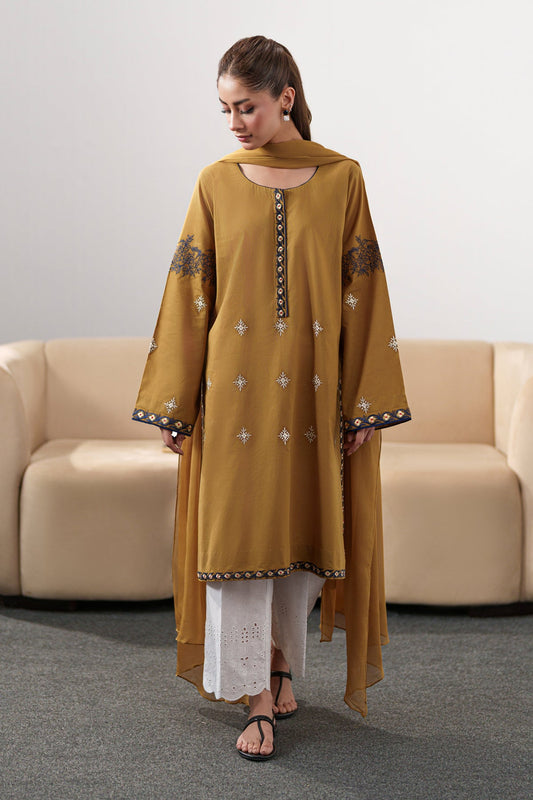 IZEL-3PC DHANAK EMBROIDERED SHIRT WITH DHANAK SHAWL AND EMB TROUSER-FW-10
