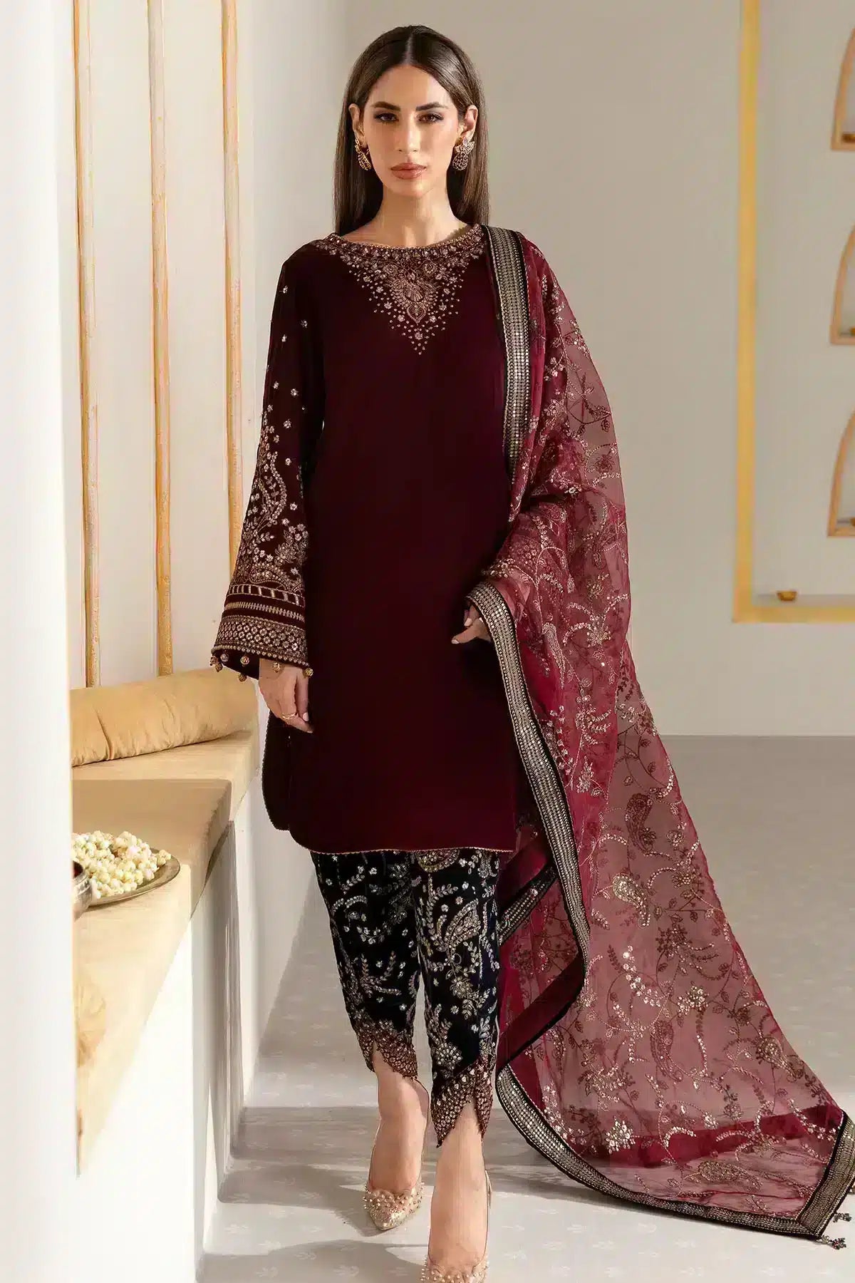 JAZMINE -3PC HEAVY EMBROIDERED VELVET DRESS WITH 4 SIDE FULLY HEAVY EMBROIDERED ORGANZA DUPATTA- FPW-96