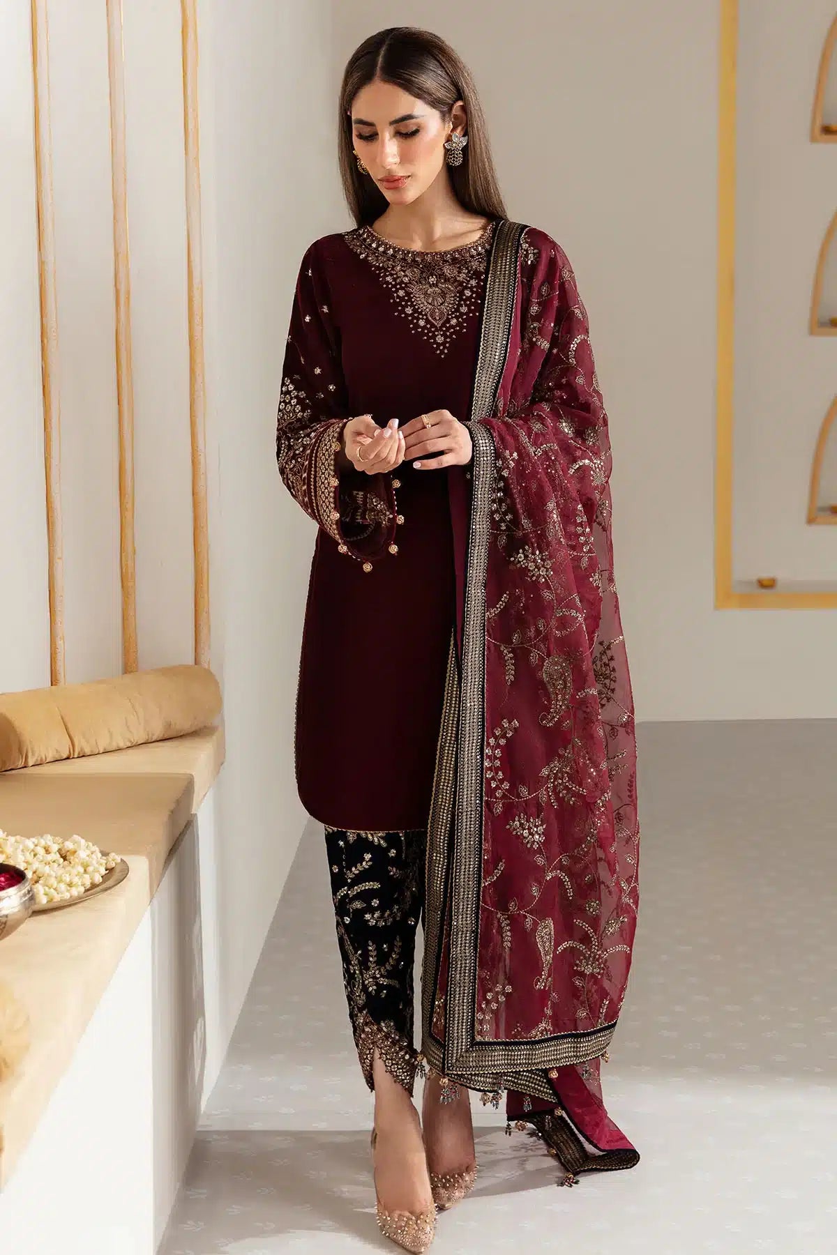 JAZMINE -3PC HEAVY EMBROIDERED VELVET DRESS WITH 4 SIDE FULLY HEAVY EMBROIDERED ORGANZA DUPATTA- FPW-96