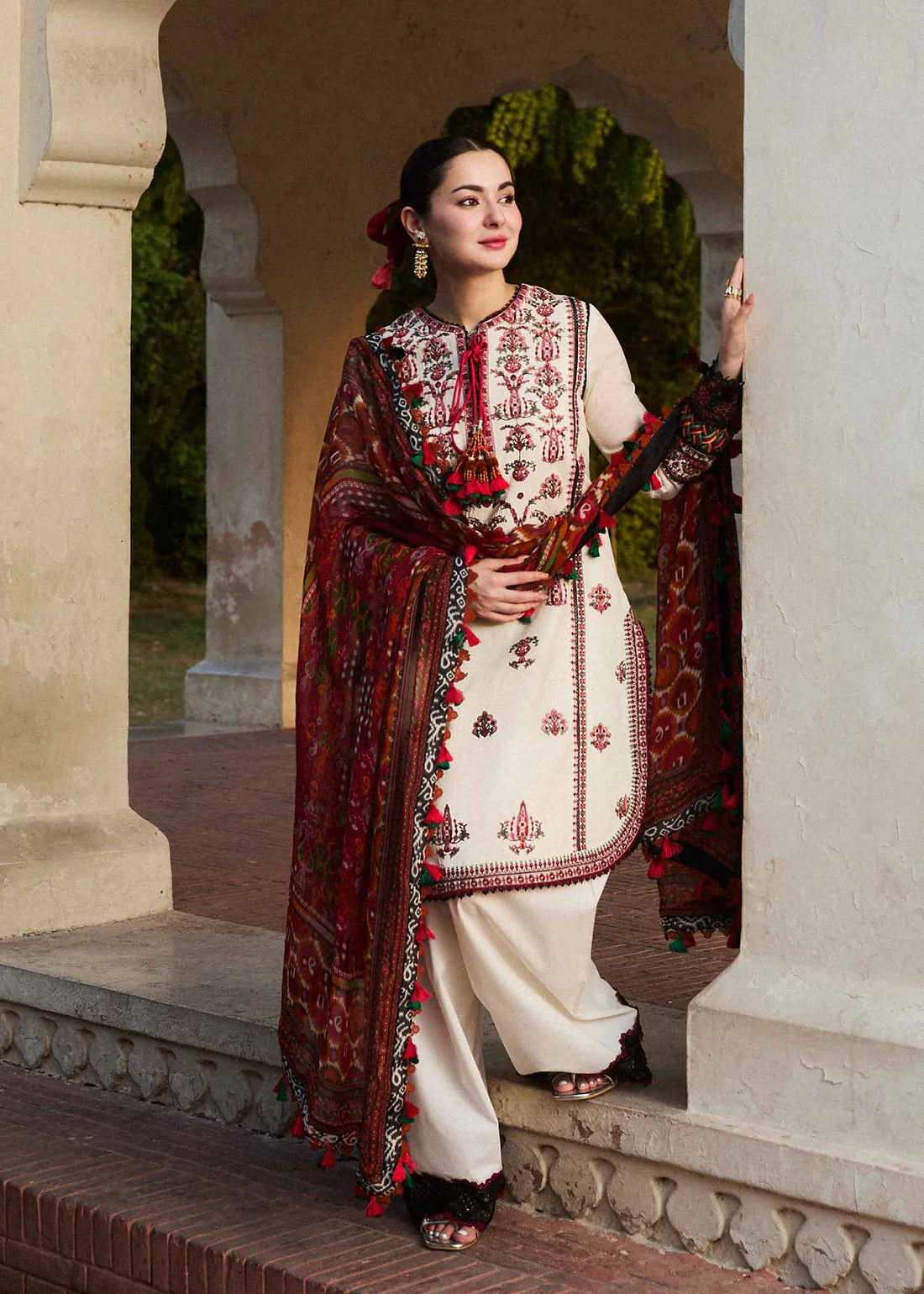 HUSSAIN REHAR- 3PC DHANAK EMBROIDERED SHIRT WITH COUTURE PRINT SHAWL AND TROUSER- FCW-04