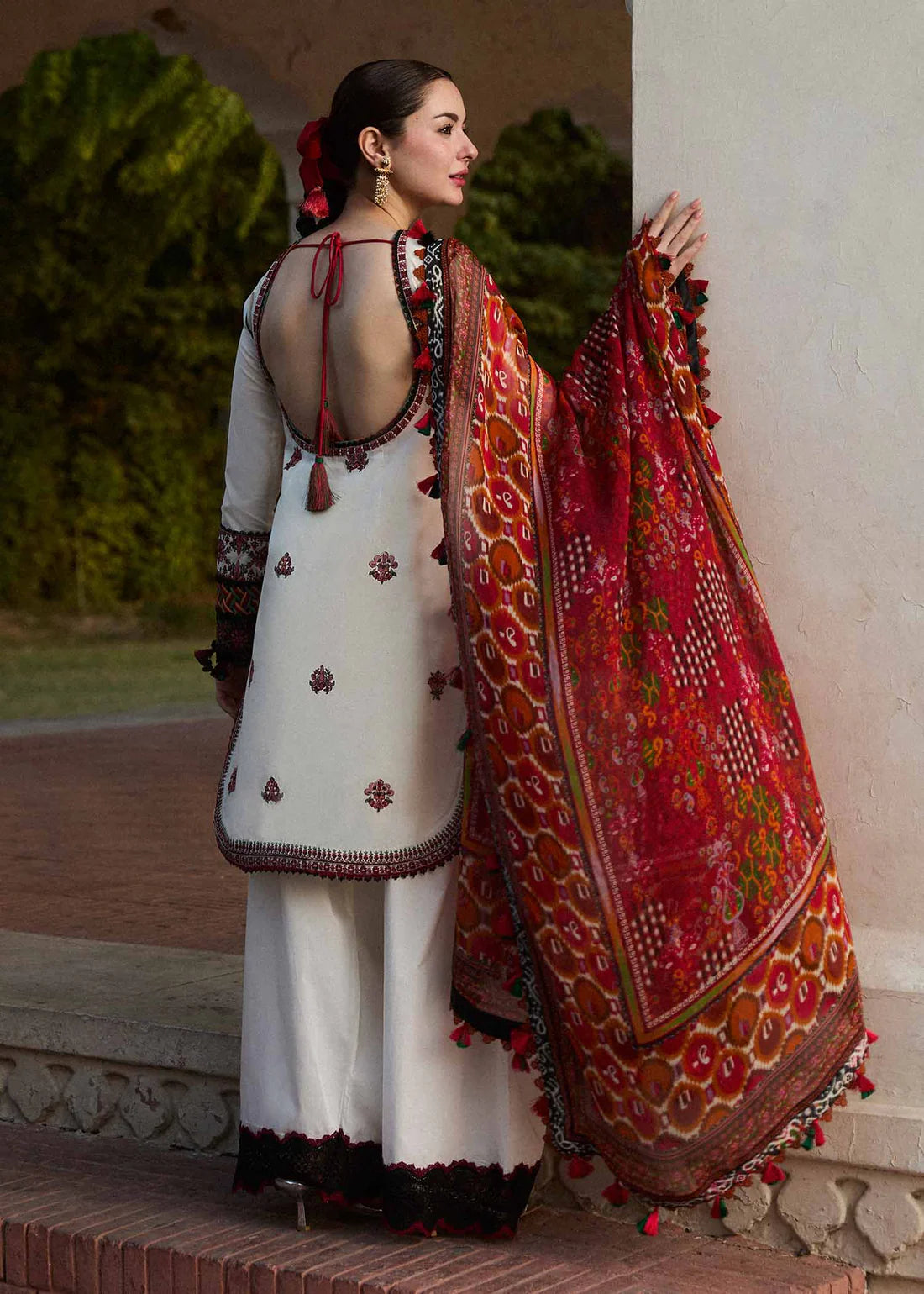 HUSSAIN REHAR- 3PC DHANAK EMBROIDERED SHIRT WITH COUTURE PRINT SHAWL AND TROUSER- FCW-04