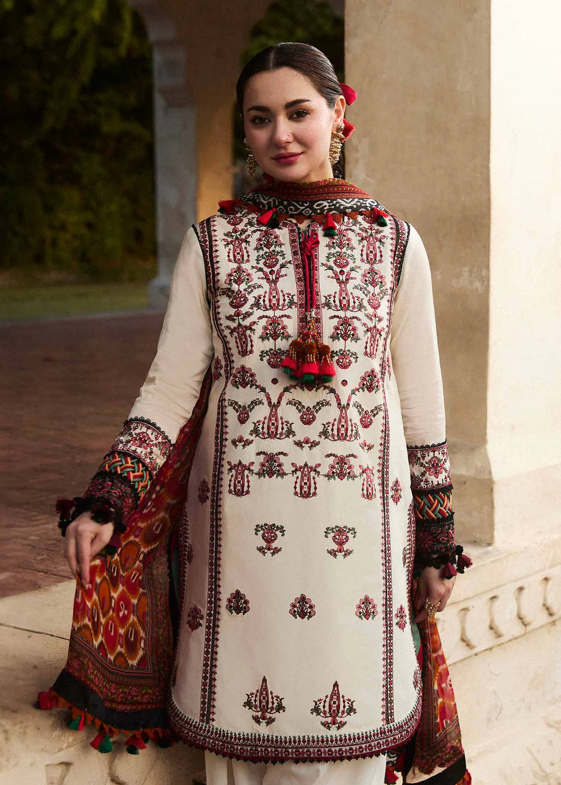 HUSSAIN REHAR- 3PC DHANAK EMBROIDERED SHIRT WITH COUTURE PRINT SHAWL AND TROUSER- FCW-04