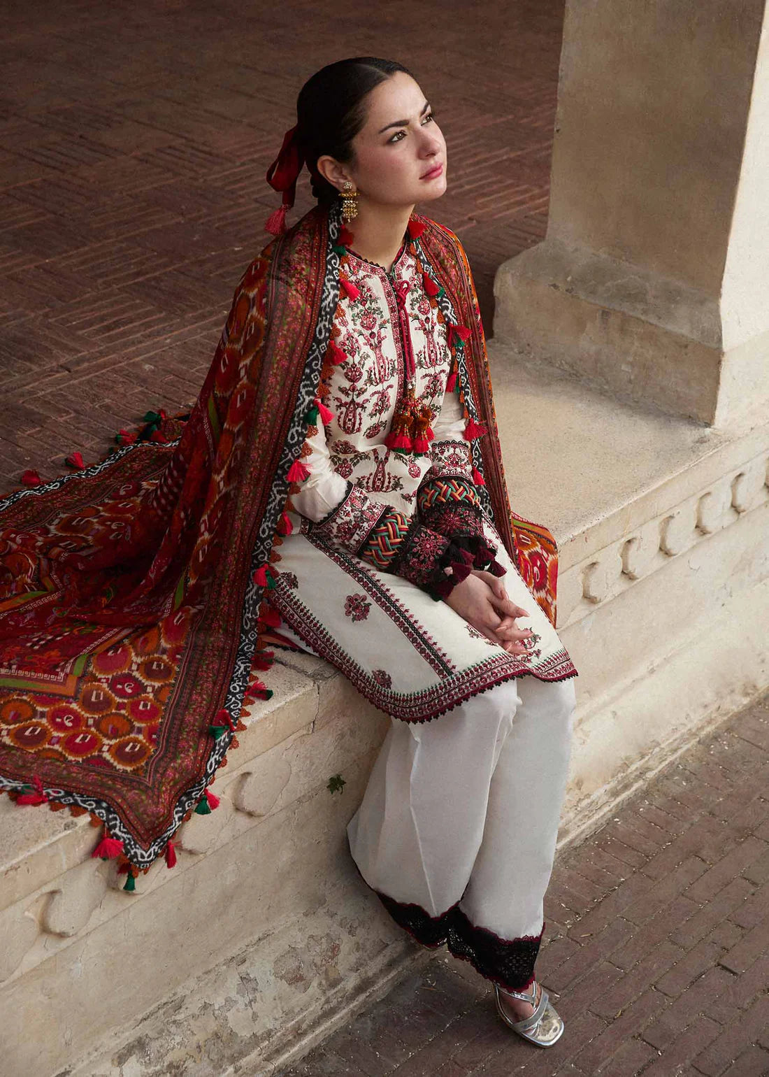 HUSSAIN REHAR- 3PC DHANAK EMBROIDERED SHIRT WITH COUTURE PRINT SHAWL AND TROUSER- FCW-04