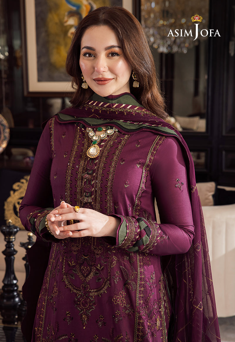 ASIM JOFA-3PC DHANAK EMBROIDERED SHIRT WITH DHANAK EMBROIDERED SHAWL & DHANAK TOUSER-FW-14