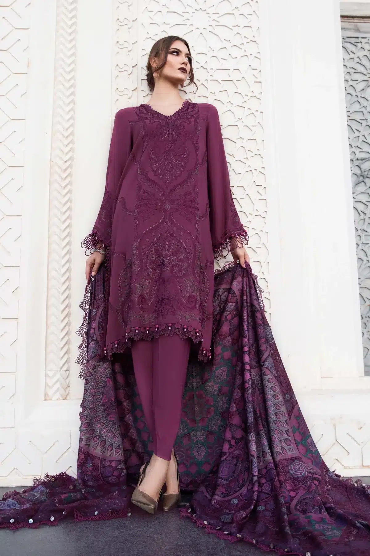 MARIA.B - 3PC EMBROIDERED DHANAK DRESS WITH DHANAK WOOL SHAWL- FW-120