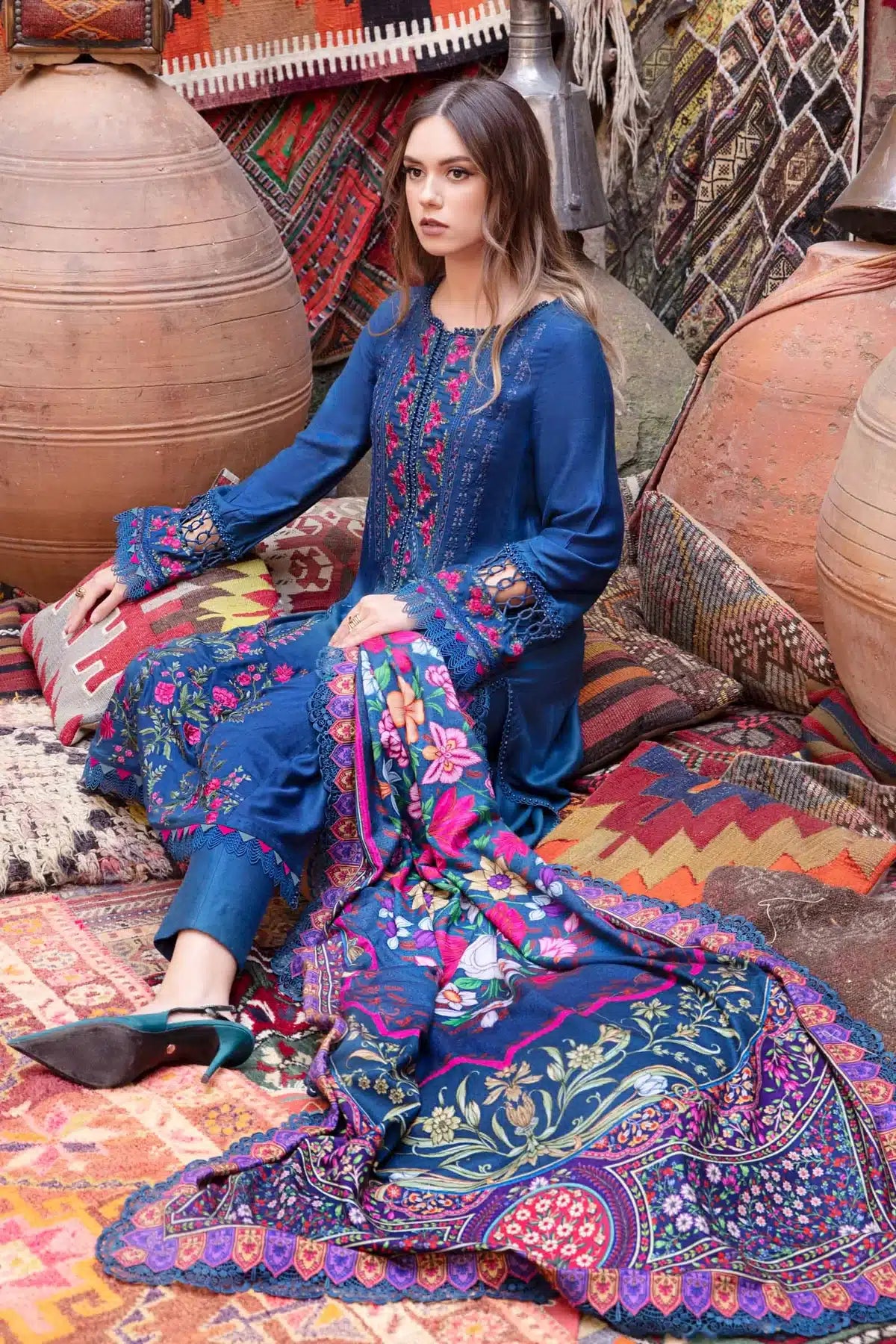 MARIA.B -3PC EMBROIDERED DHANAK DRESS WITH DHANAK WOOL SHAWL- FW-113