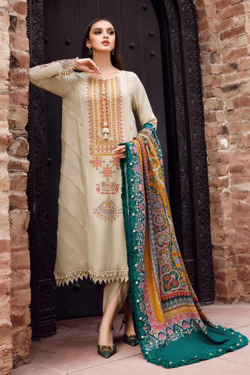 MARIA.B -3PC EMBROIDERED DHANAK DRESS WITH DHANAK WOOL SHAWL- FW-139