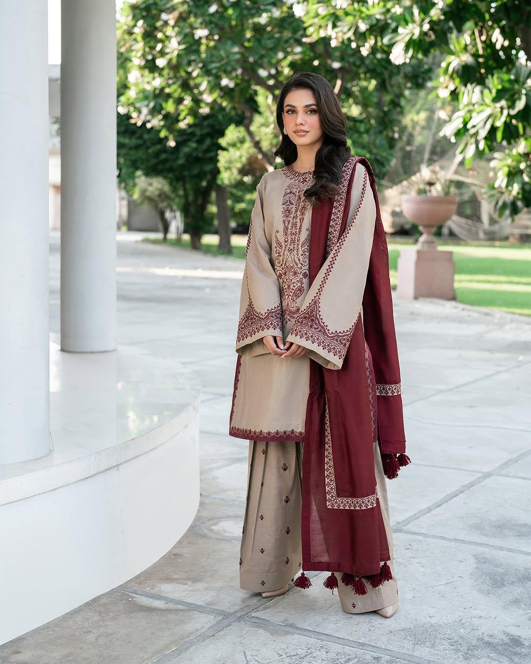 BAROQUE-3PC DHANAK EMBROIDERED SHIRT WITH DHANAK EMBROIDERED SHAWL AND EMB TROUSER-FW-13