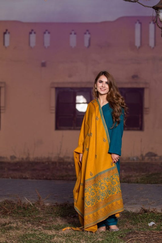 AISLING -3PC EMBROIDERED DHANAK DRESS WITH FULLY EMBROIDERED DHANAK WOOL SHAWL- FW-99