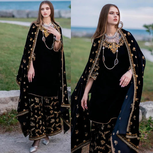 EMAAN ADEEL -3PC HEAVY EMBROIDERED VELVET DRESS WITH 4 SIDE HEAVY EMBROIDERED MASORI DUPATTA- FPW-59