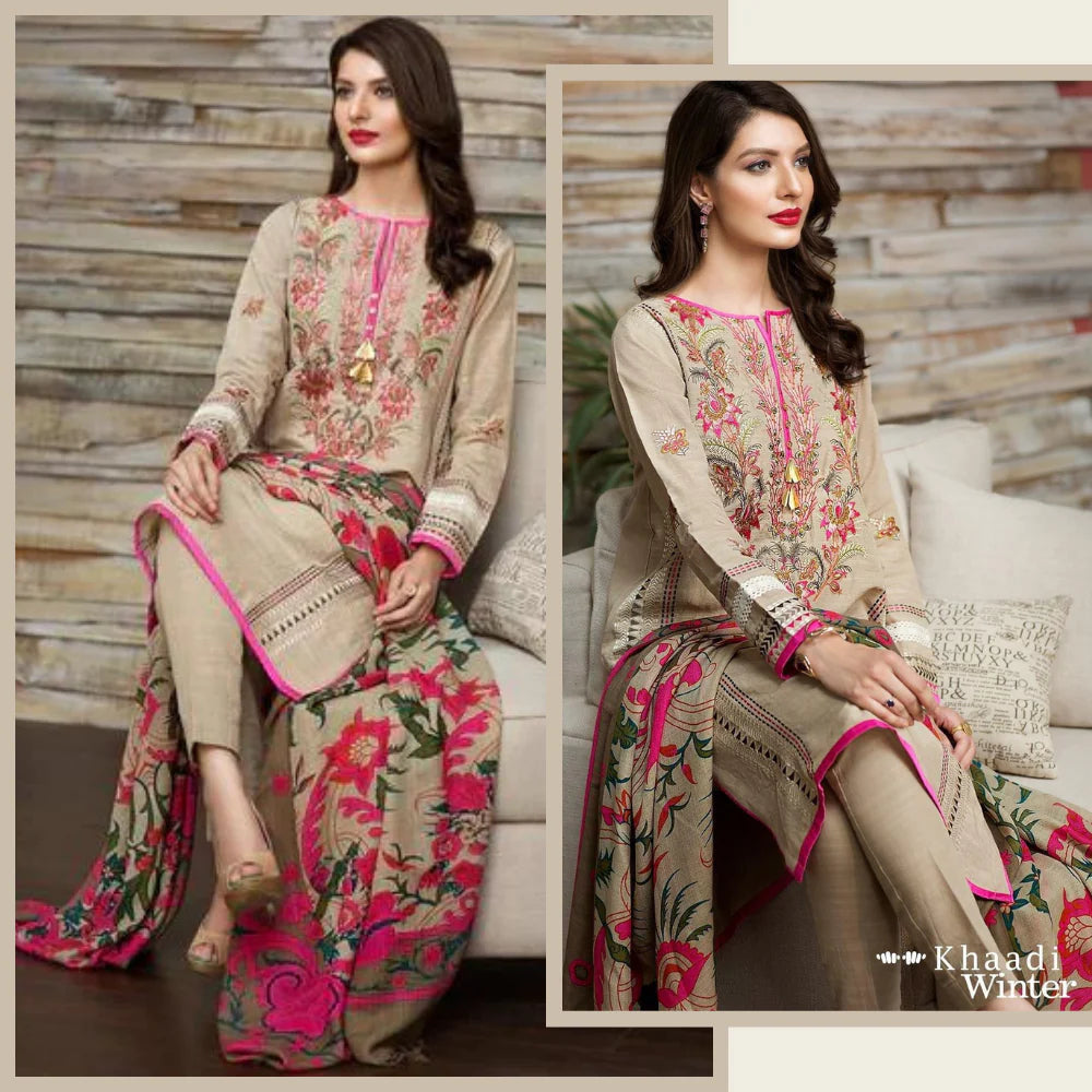 KHAADI 3PC EMBROIDERED KHADDAR DRESS WITH WOOL SHAWL FW 70 Fairy Clothes